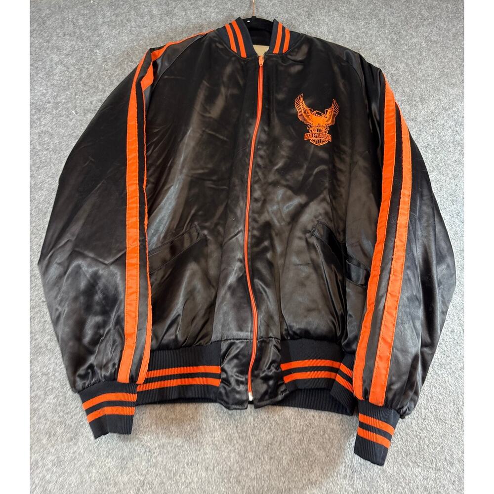 VTG 70s AMF Harley Davidson Bomber Jacket Mens Black Satin Quilted Lined Large